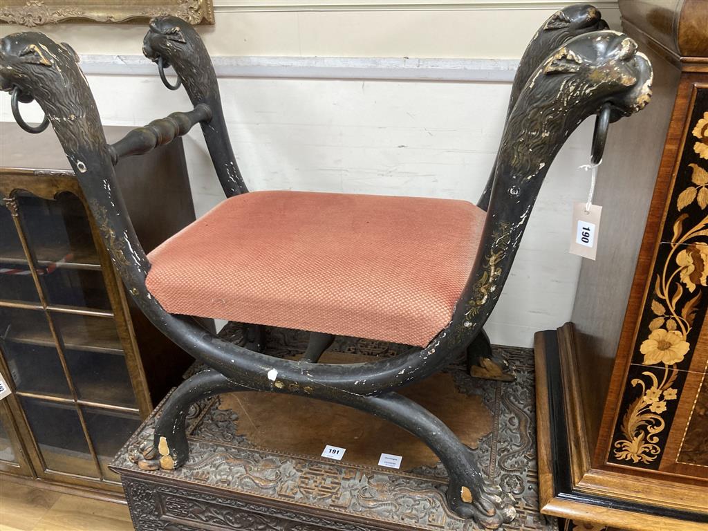 A Regency brass X frame dressing stool, from a design by Thomas Hope, width 88cm, depth 48cm, height 76cm